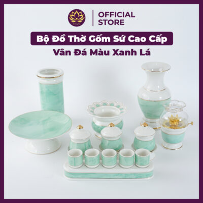 Alternative view of Bộ Đồ Thờ Gốm Sứ Cao Cấp Vân Đá Màu Xanh Lá